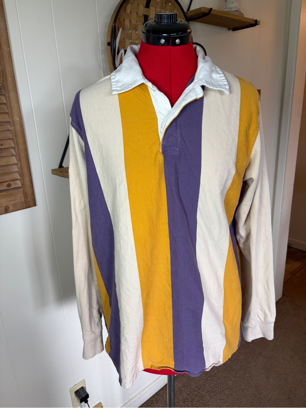 Urban Outfitters Striped Rugby Shirt in Mustard, Purple & Cream